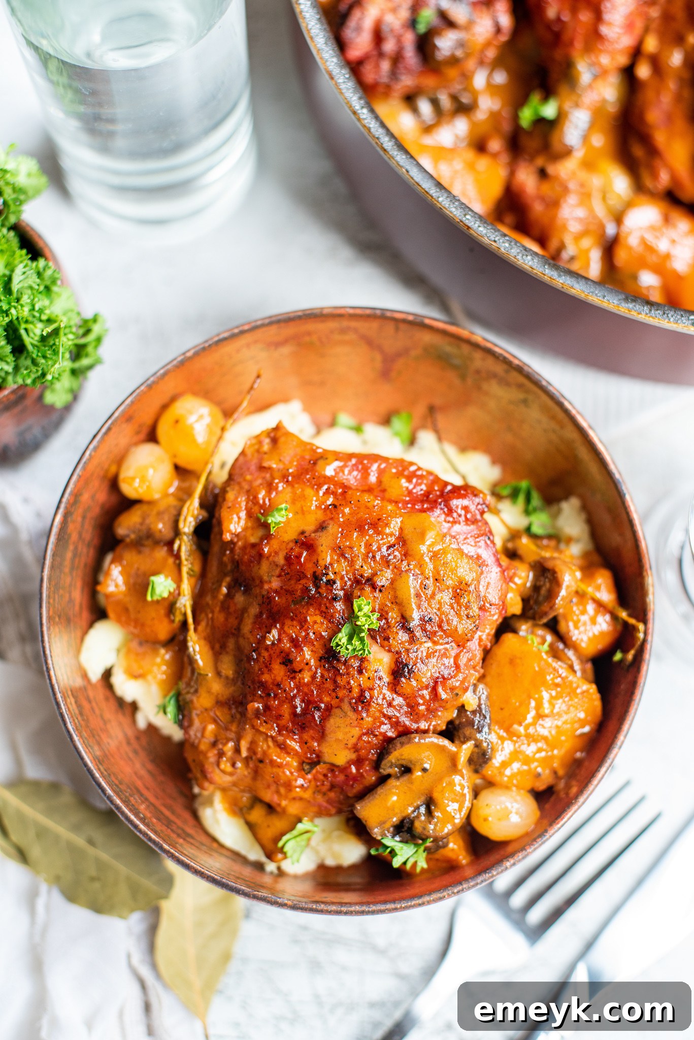 Coq au Vin Recipe served with creamy mashed potatoes, a classic pairing.