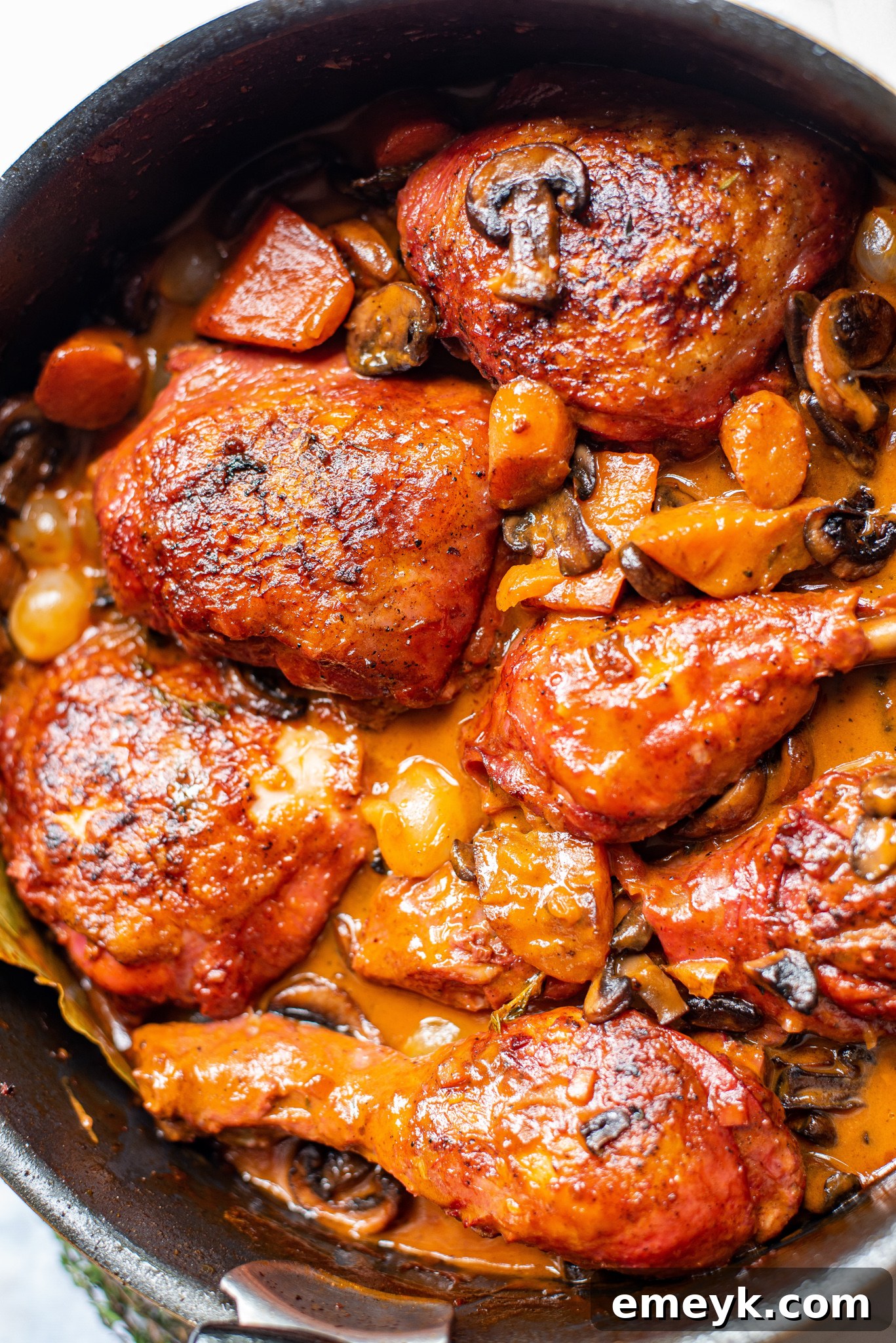 Coq au Vin Recipe featuring tender chicken and pearl onions in a rich sauce.