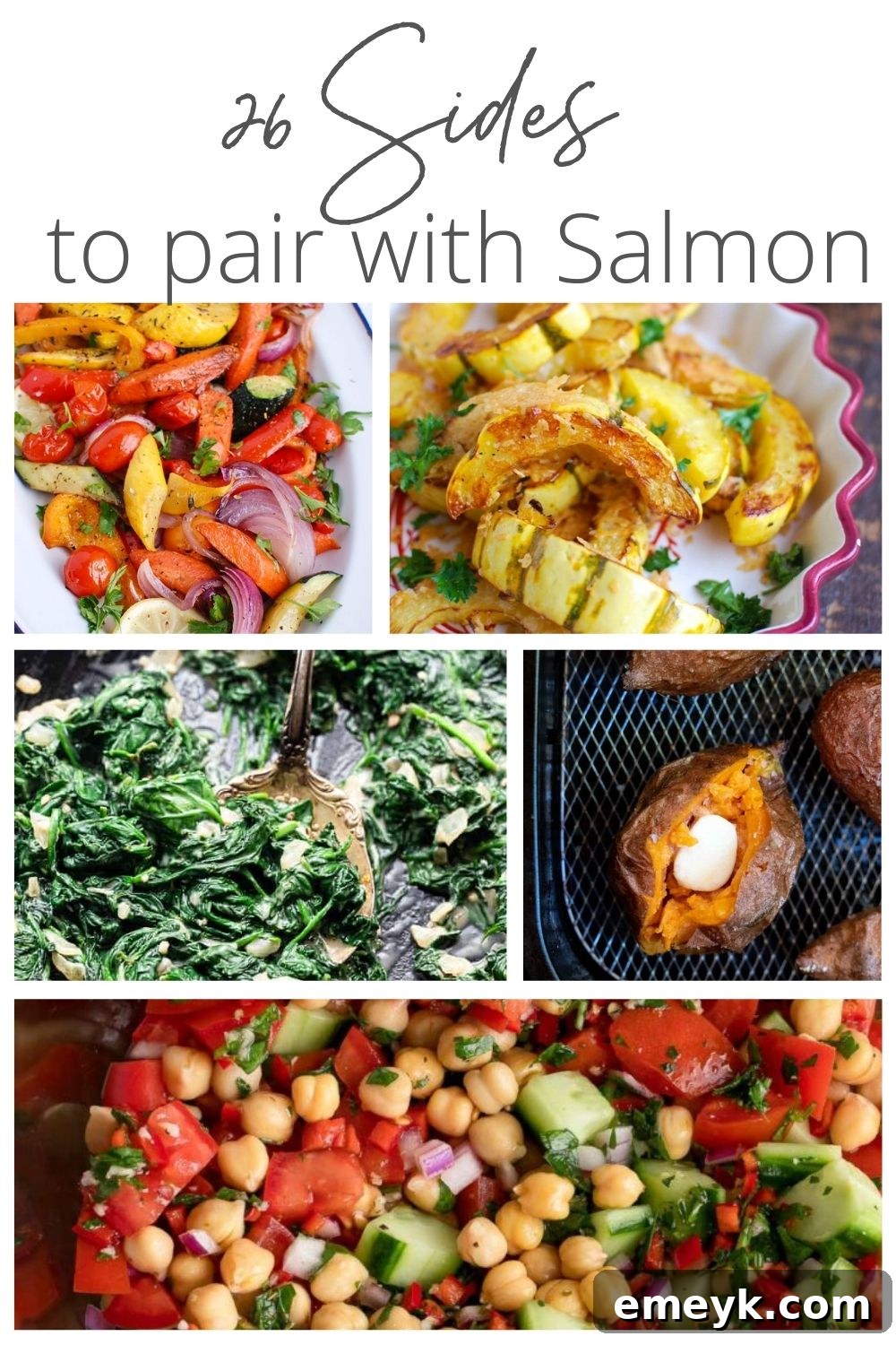 A vibrant collage showcasing 26 diverse and delicious side dishes specifically chosen to pair beautifully with salmon, including crisp green salads, colorful roasted root vegetables, various potato preparations, and light pasta dishes.