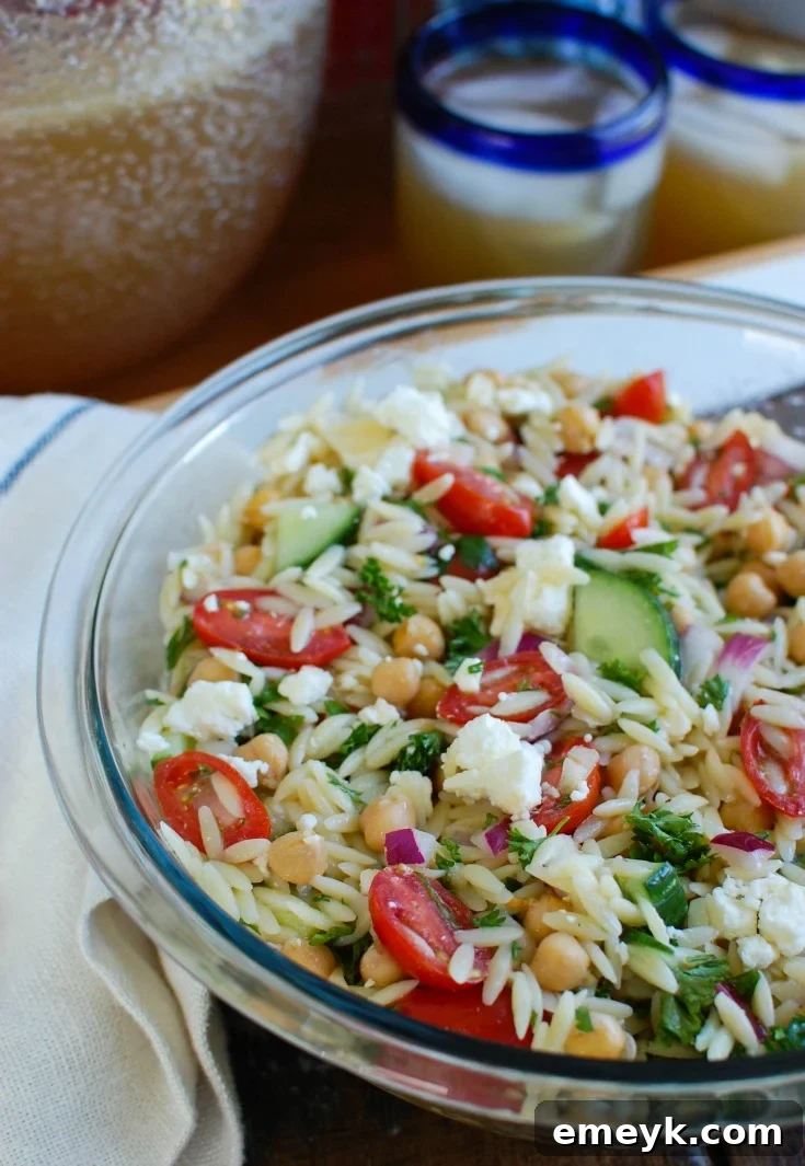 A colorful and inviting Summer Orzo Pasta Salad, featuring cherry tomatoes, fresh mozzarella balls, and aromatic basil, all tossed with delicate orzo pasta.