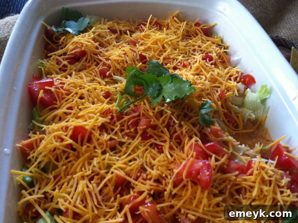Skinny Seven Layer Dip close up, showing fresh layers