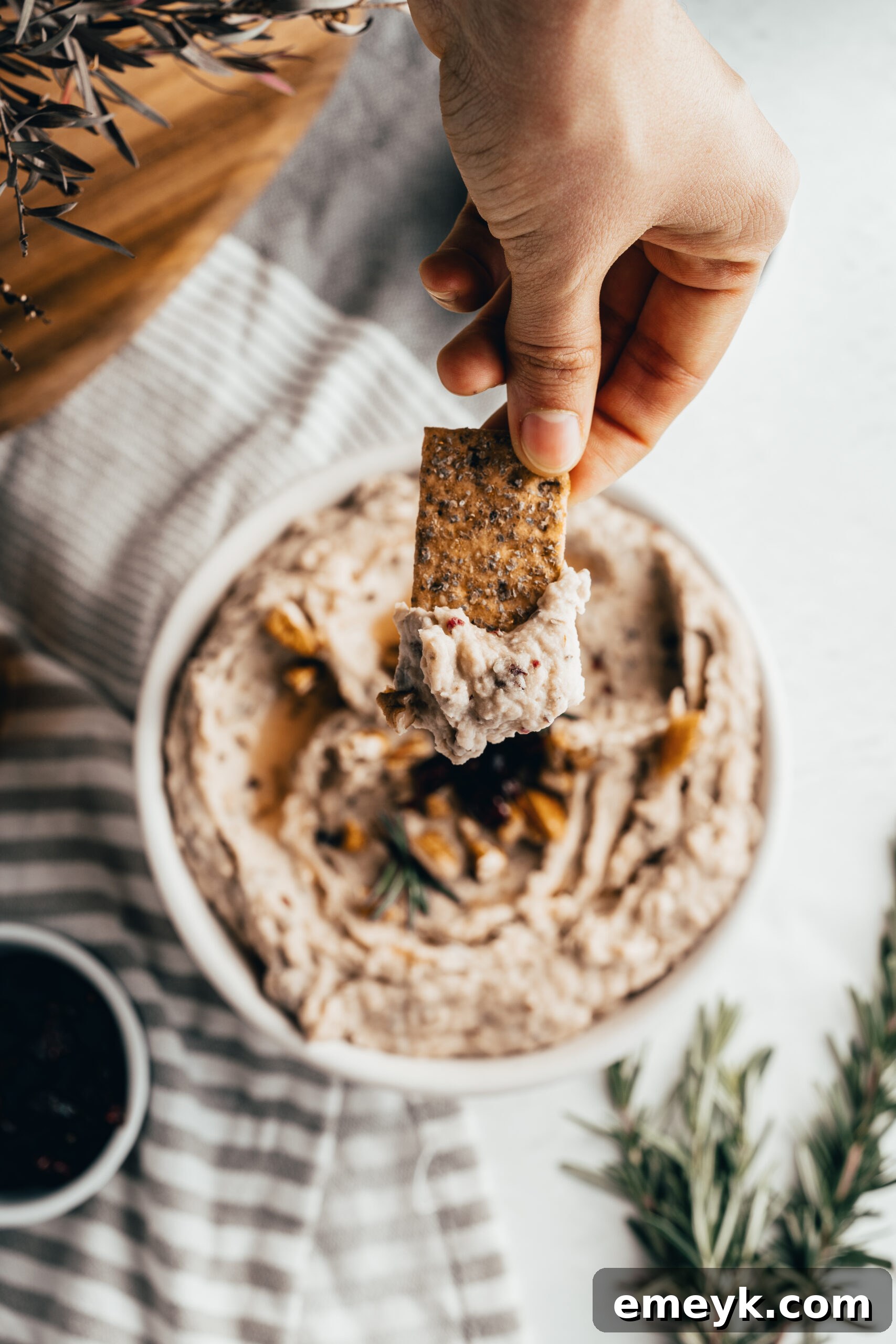White Bean Hummus with Cranberry served with an assortment of crispy crackers, highlighting its versatile appeal as a dip.