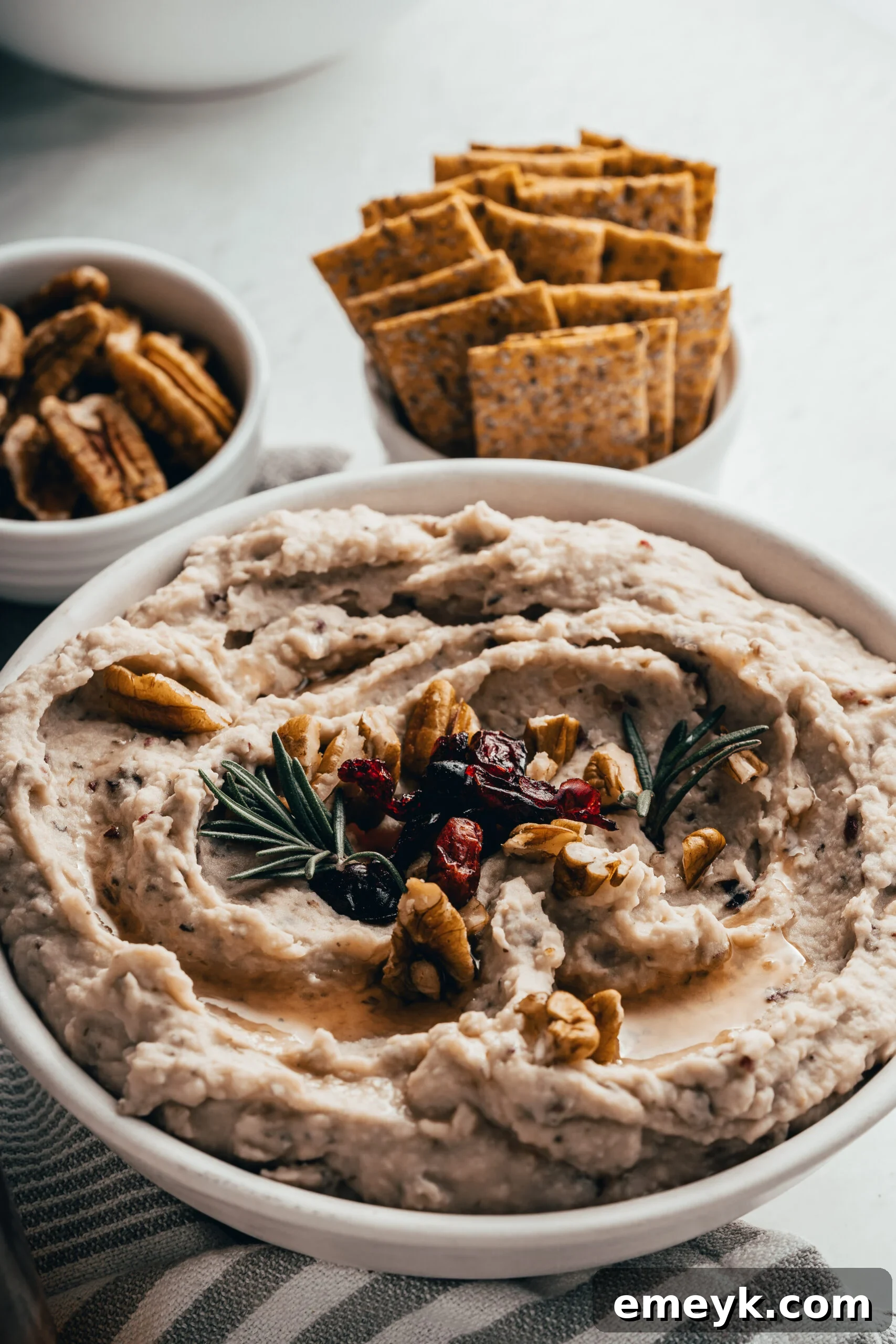 Close-up of creamy White Bean Hummus with Cranberry in a white serving bowl, garnished with whole dried cranberries and a sprig of rosemary.