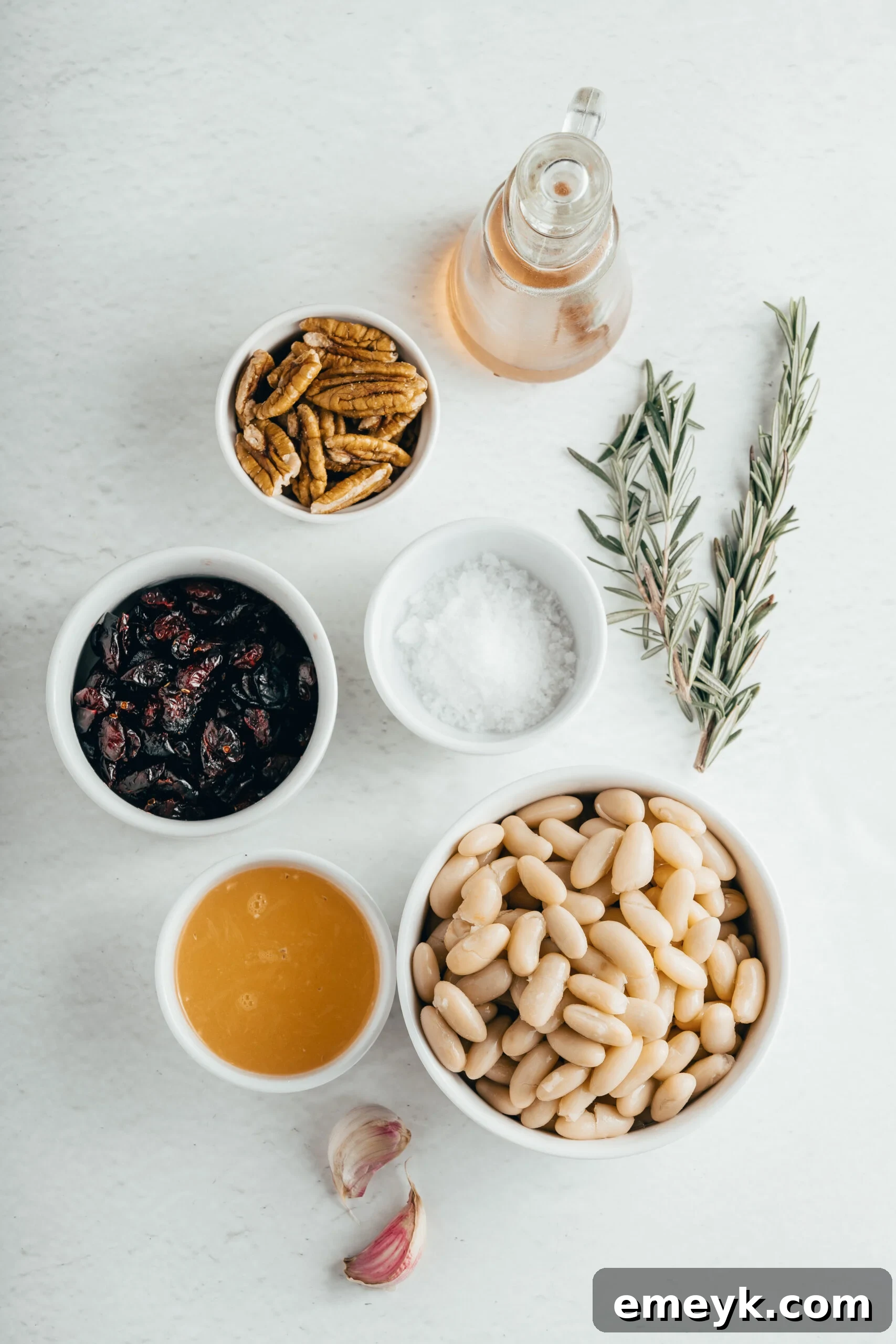 A flat lay of fresh ingredients for White Bean Hummus with Cranberry, including cannellini beans, dried cranberries, oranges, fresh rosemary, garlic, and pecans.