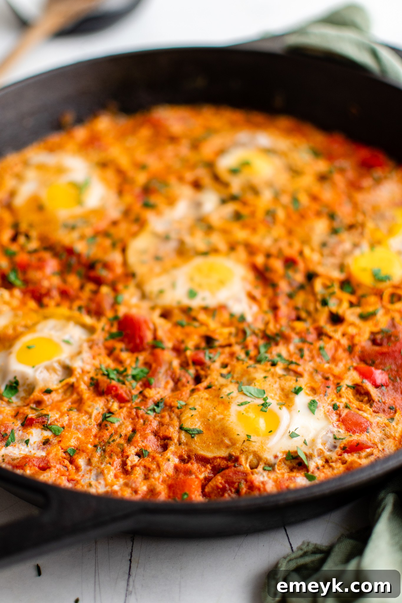 Easy Shakshuka in a skillet, garnished with fresh herbs.