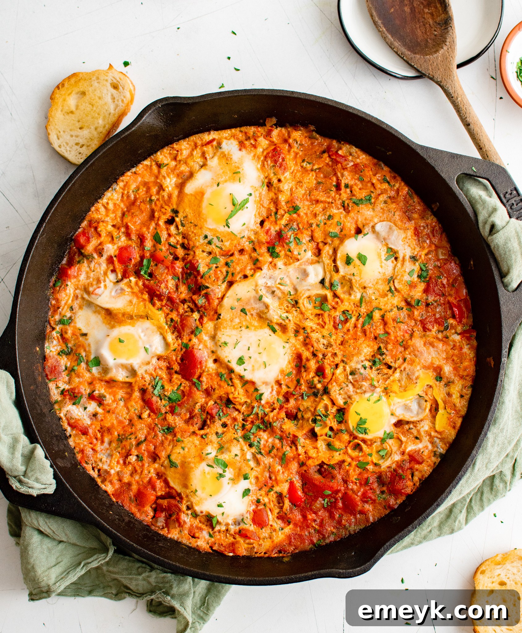 Finished Easy Shakshuka in a skillet, ready to serve.