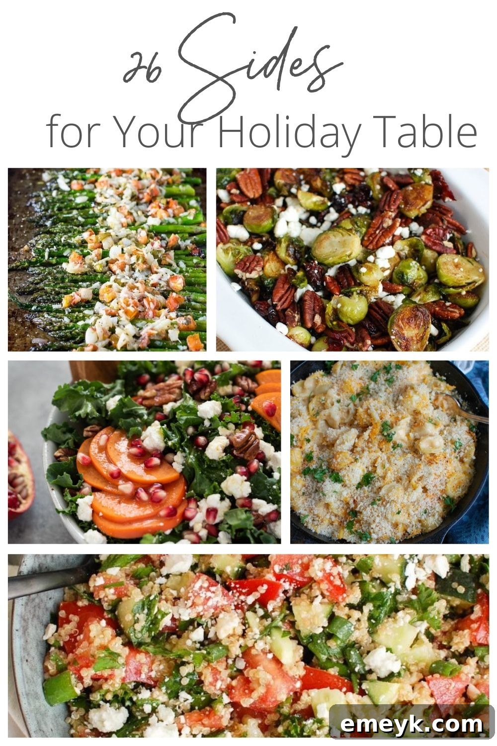 A vibrant display of 26 diverse Christmas side dishes beautifully arranged on a holiday table, featuring vegetables, potatoes, rice, and festive salads, promising a colorful and flavorful feast.
