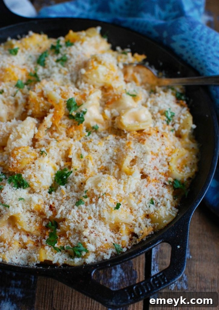 Creamy baked mac and cheese topped with golden panko breadcrumbs, bubbling hot in a dish, the ultimate comfort food.