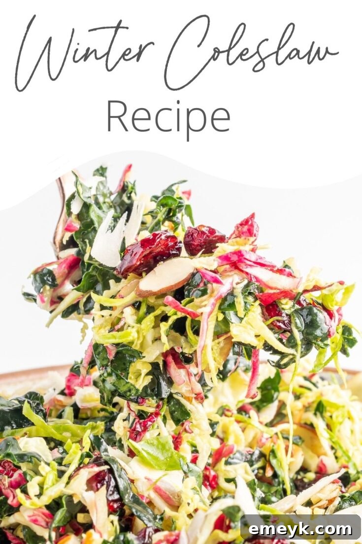 Hearty Winter Coleslaw Salad, featuring shredded cabbage and other root vegetables in a creamy or vinaigrette dressing, perfect for cold weather.