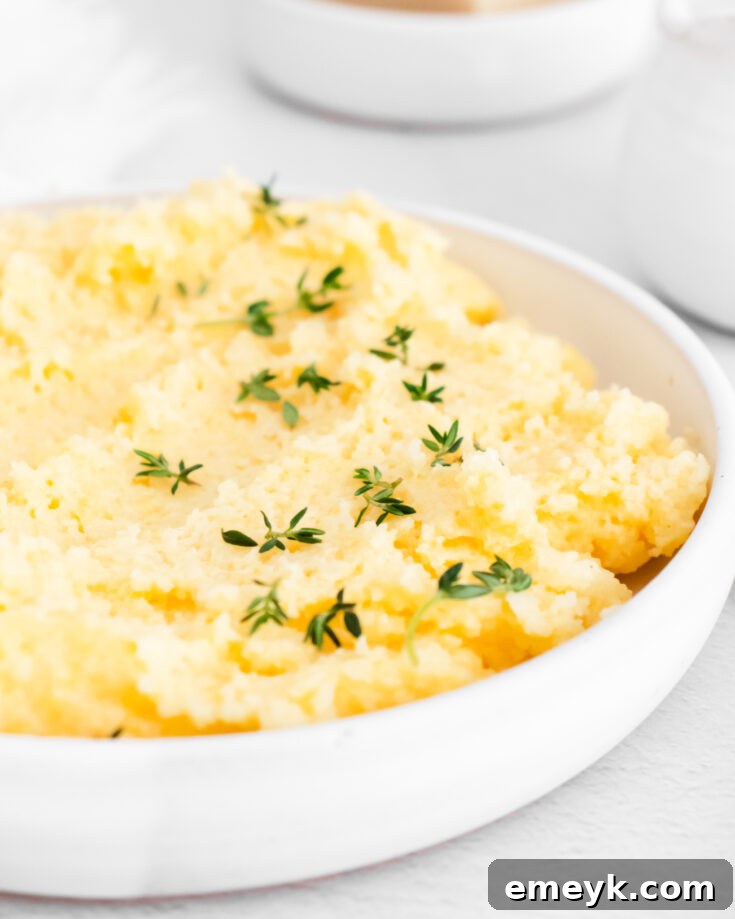 Smooth and velvety Creamy Polenta, a comforting and versatile Italian side dish, ready to be served.