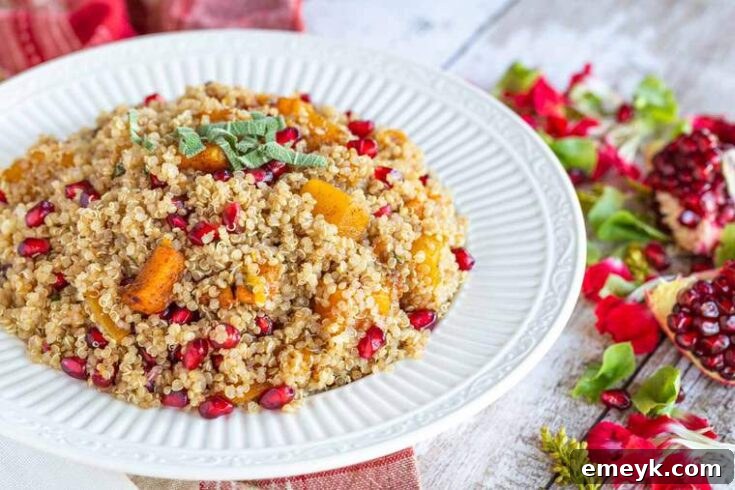 Hearty Roasted Butternut Squash Quinoa with Pomegranate, a versatile dish that can be enjoyed hot or cold.