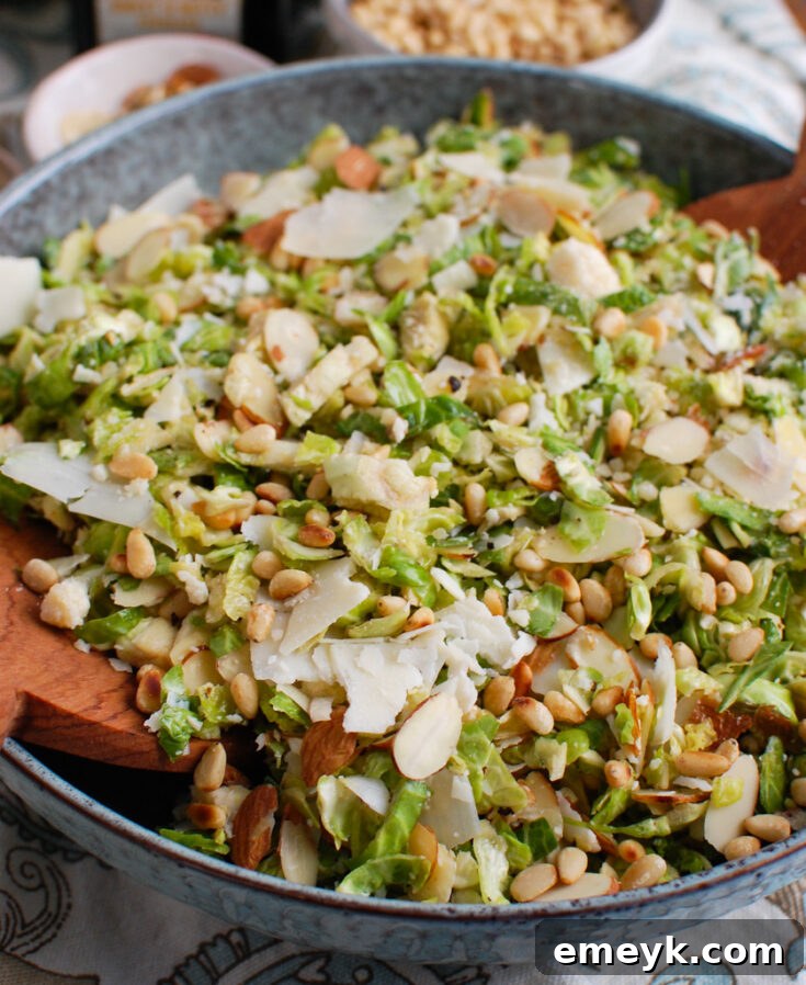 Shaved Brussels Sprout Salad with thinly sliced sprouts, often tossed with nuts, cheese, and a light vinaigrette.