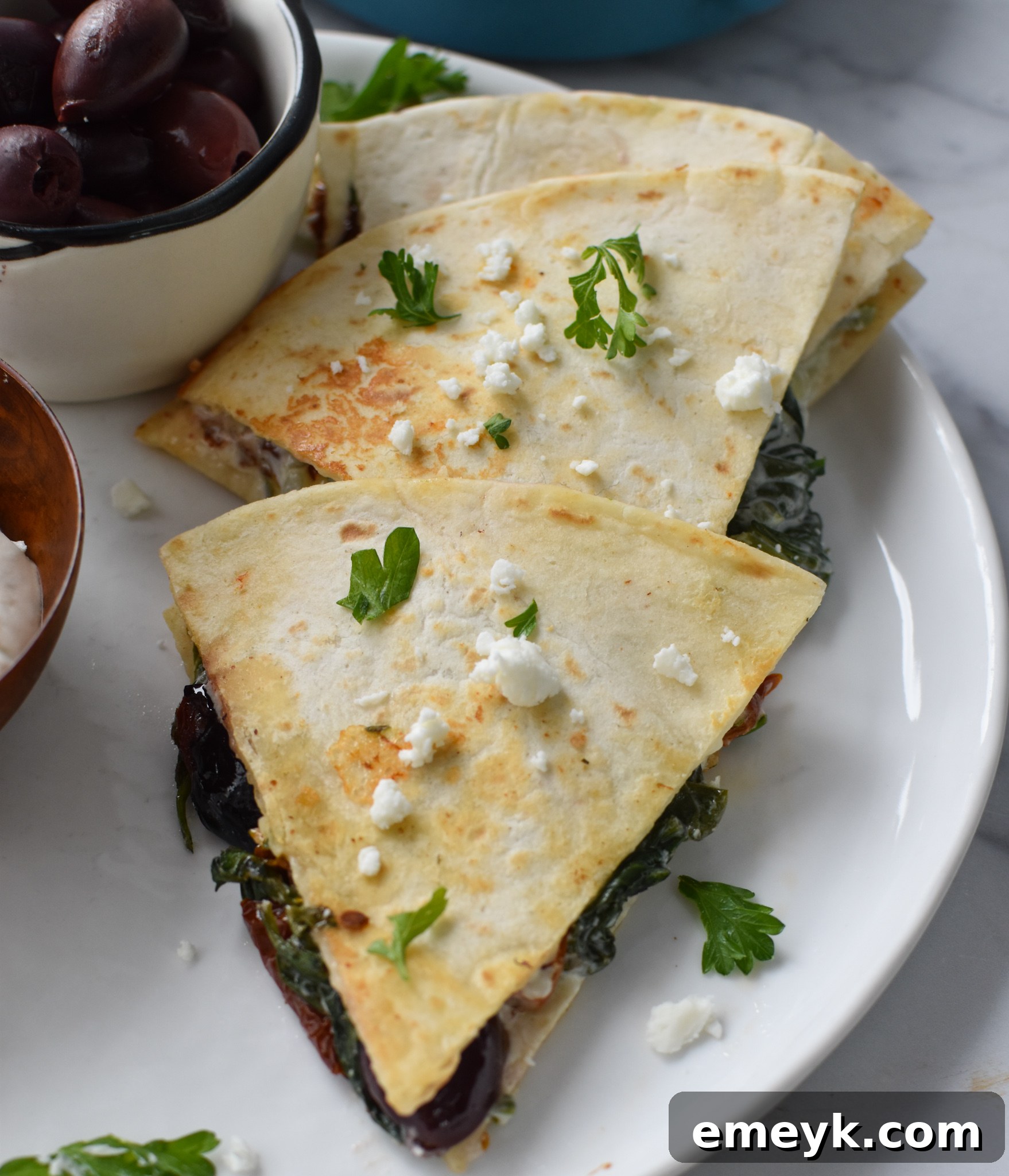 Simple Veggie Quesadillas 7 Close-up of Easy Vegetarian Quesadilla Recipe with crumbled feta cheese visible.