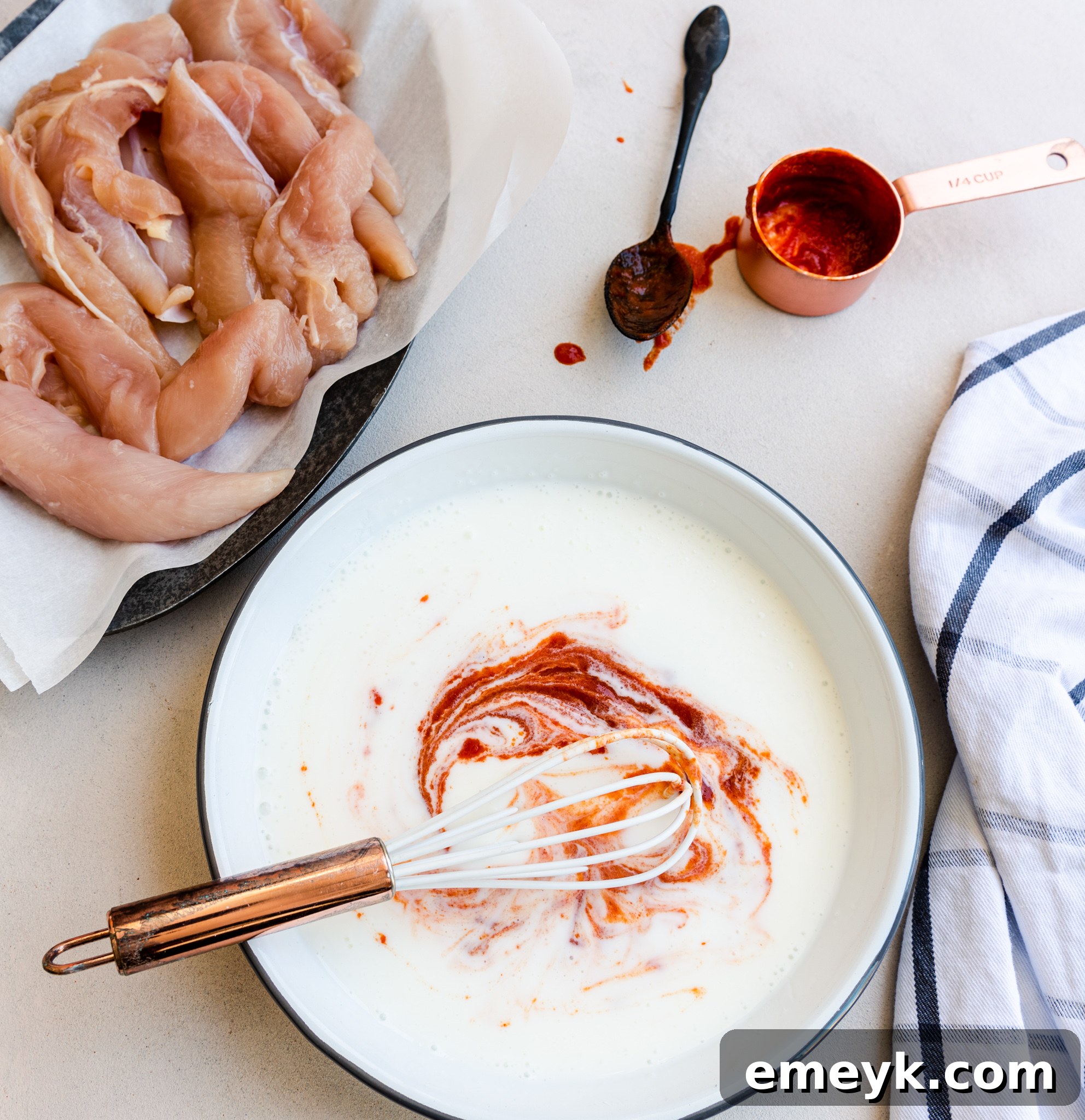 Air Fryer Coconut Chicken Tenders with buttermilk in a bowl.