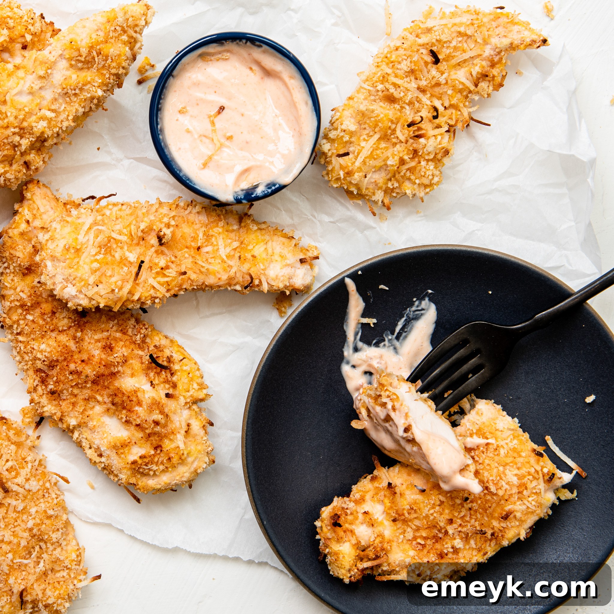 A close-up of an Air Fryer Coconut Chicken Tender being picked up with a fork.