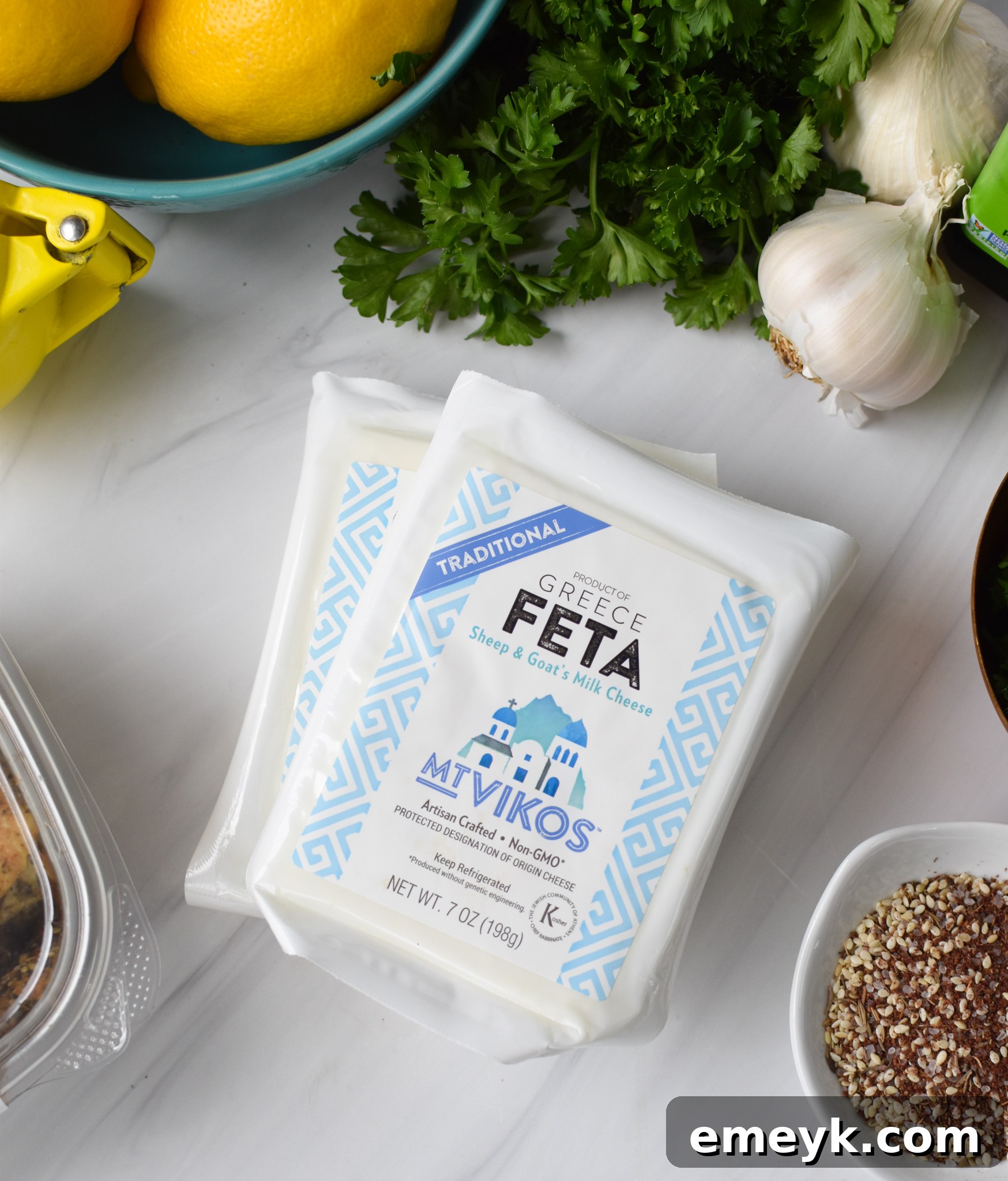Lemon Whipped Feta Dip ingredients laid out.