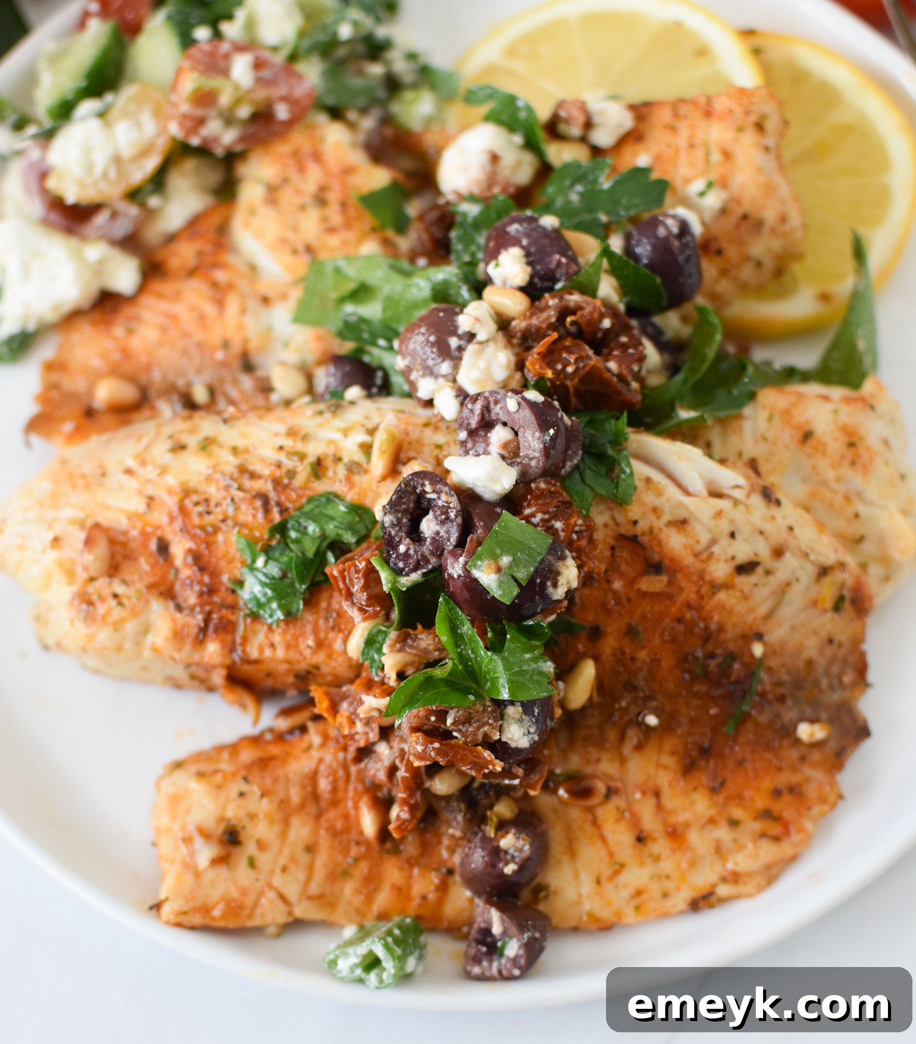 Flaky Greek Baked Tilapia topped with savory olive tapenade and fresh lemon wedges, served alongside a vibrant Mediterranean chopped salad.