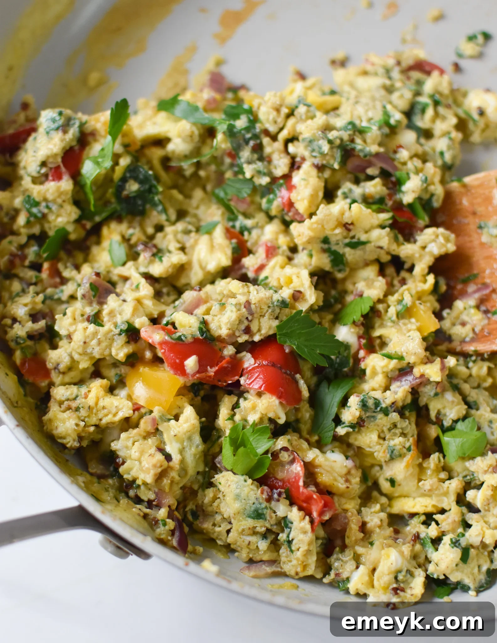 Mediterranean Egg Scramble in a skillet.