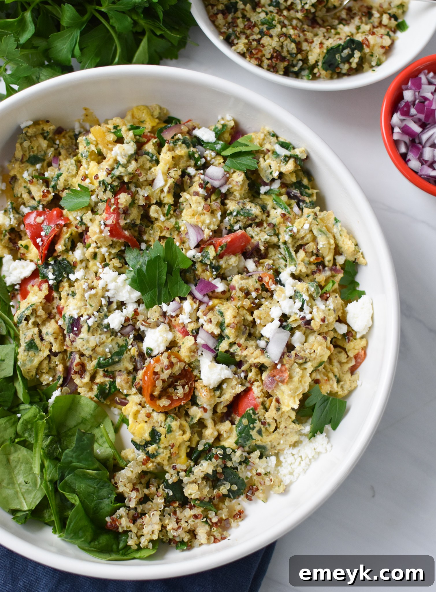 Mediterranean Egg Scramble in a white bowl. 