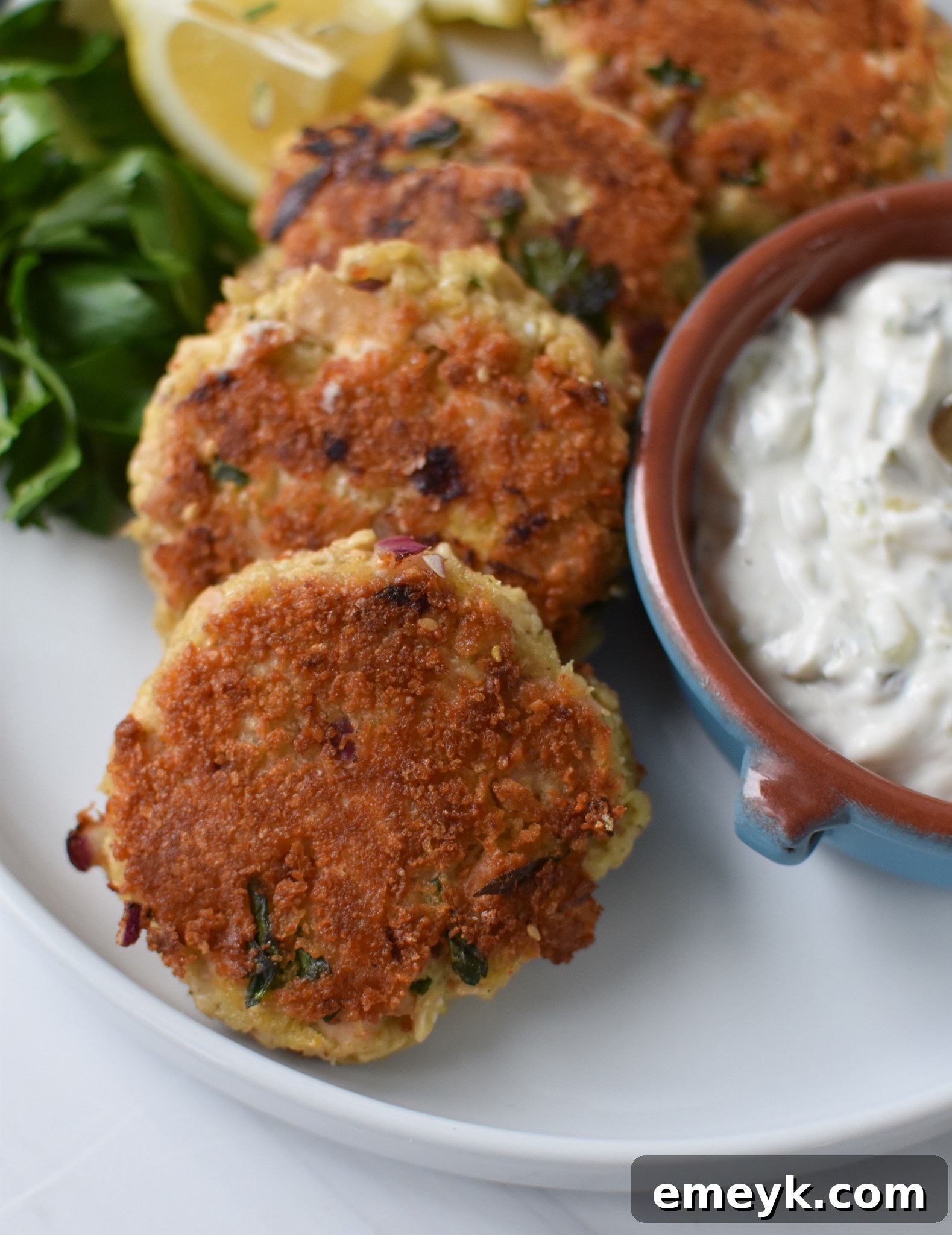 Sun Kissed Mediterranean Tuna Fritters 4 Mediterranean Tuna Patties with a side of tzatziki sauce in a small bowl.