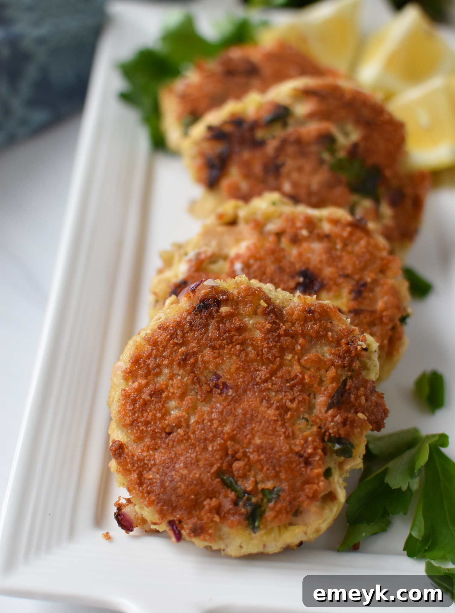 Sun Kissed Mediterranean Tuna Fritters 10 Mediterranean Tuna Patties Recipe on a white plate.