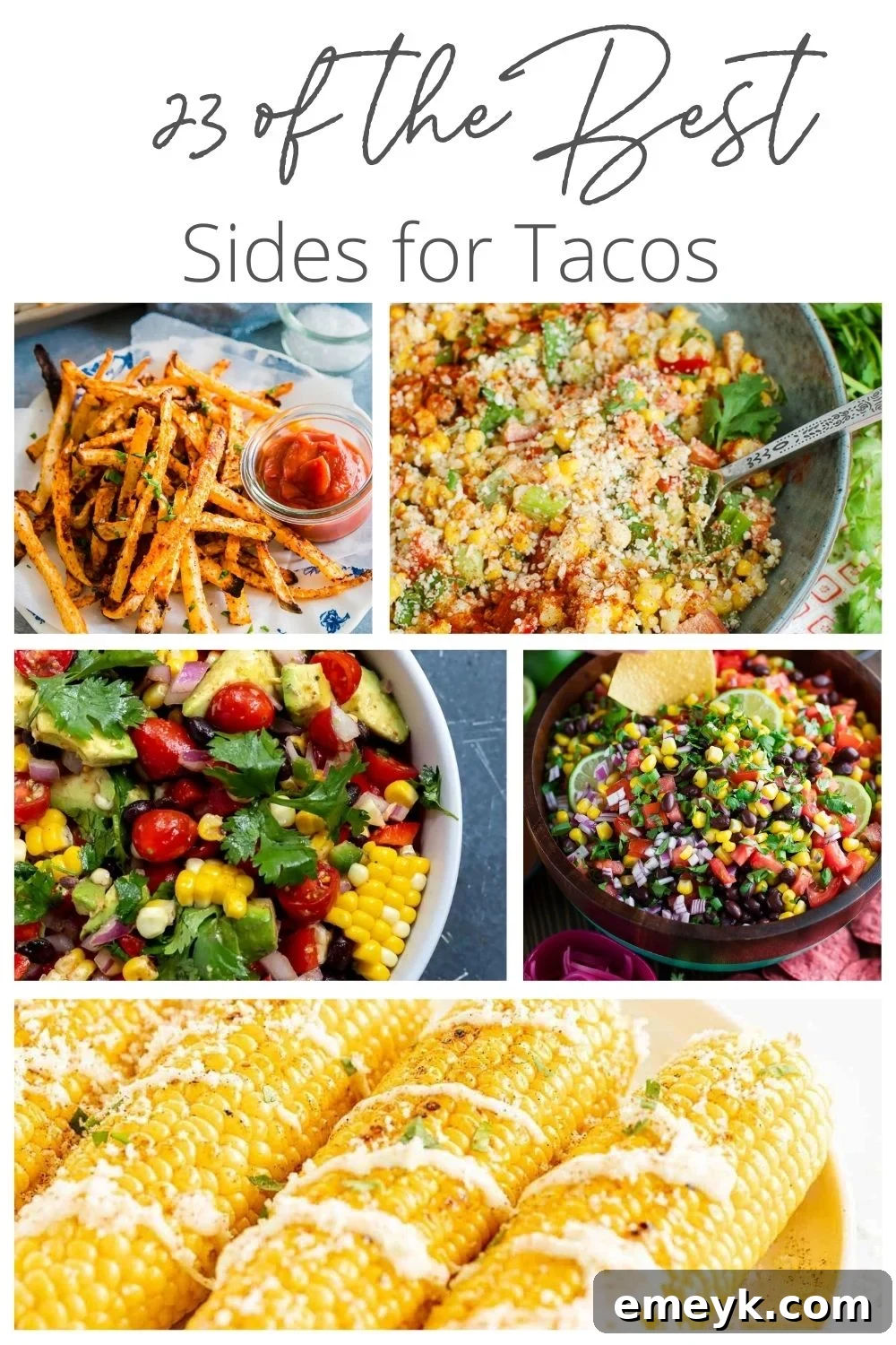 23 Must-Try Sides to Elevate Your Tacos 2 A vibrant selection of 23 best sides to serve with tacos, including colorful salads, homemade salsas, flavorful rice, and hearty bean dishes, perfect for enhancing any Mexican-inspired meal.