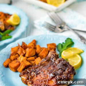 Maple Bourbon Pork Chops Recipe on a blue plate.