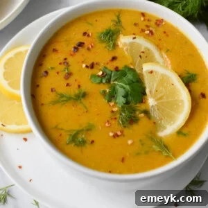 Lemon Lentil Soup Recipe with cilantro and dill.
