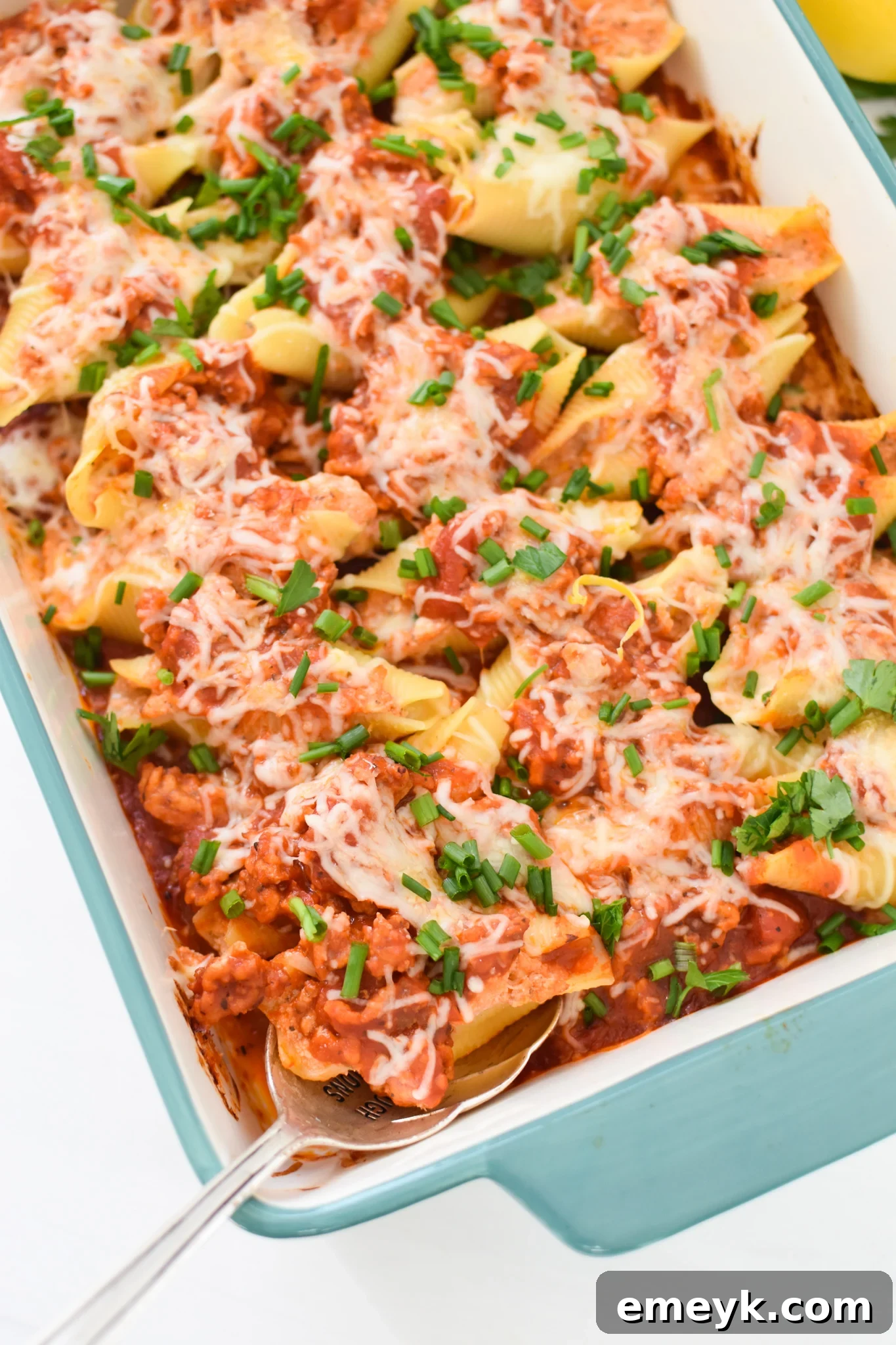 A serving of Veal Stuffed Shells on a plate with a spoon, highlighting the rich sauce and melted cheese.