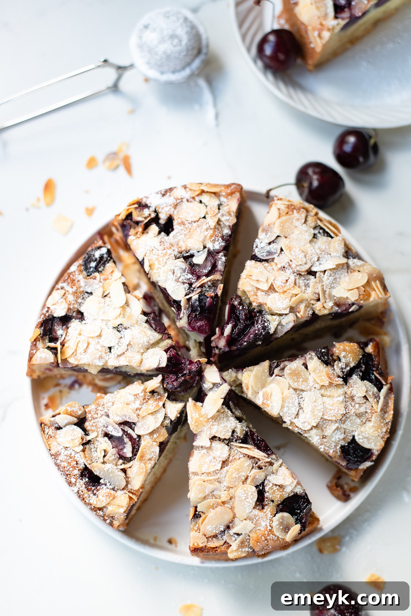 Decadent Cherry Almond Cake 7 A slice of Cherry Almond Cake presented beautifully with a scattering of fresh cherries and almonds on the side.