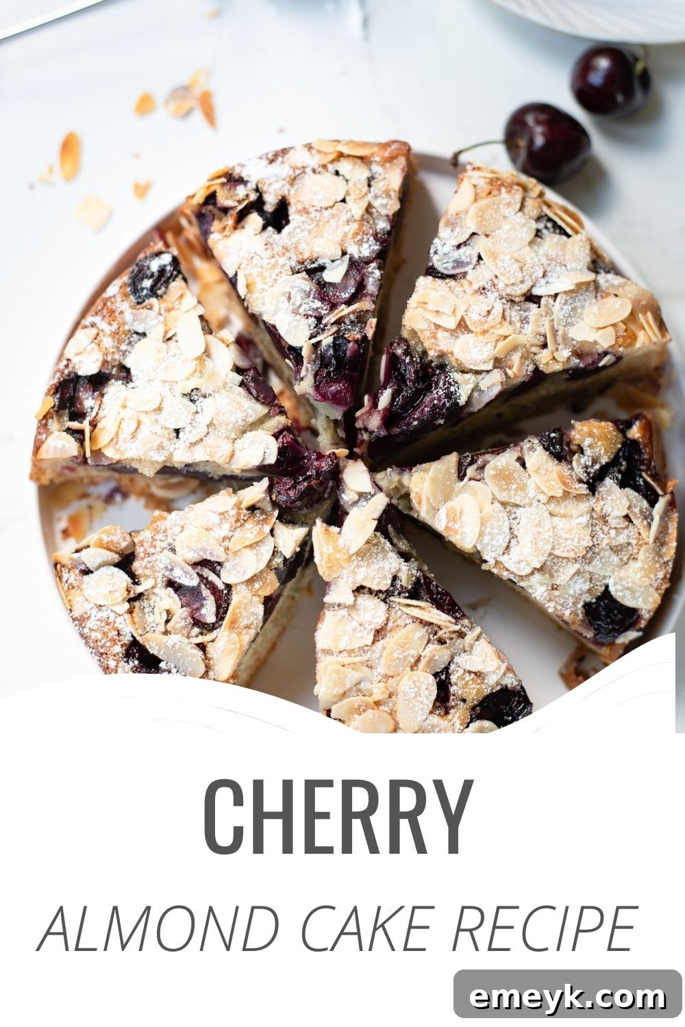 Decadent Cherry Almond Cake 8 Fresh Cherry Almond Cake with a branded logo overlay.