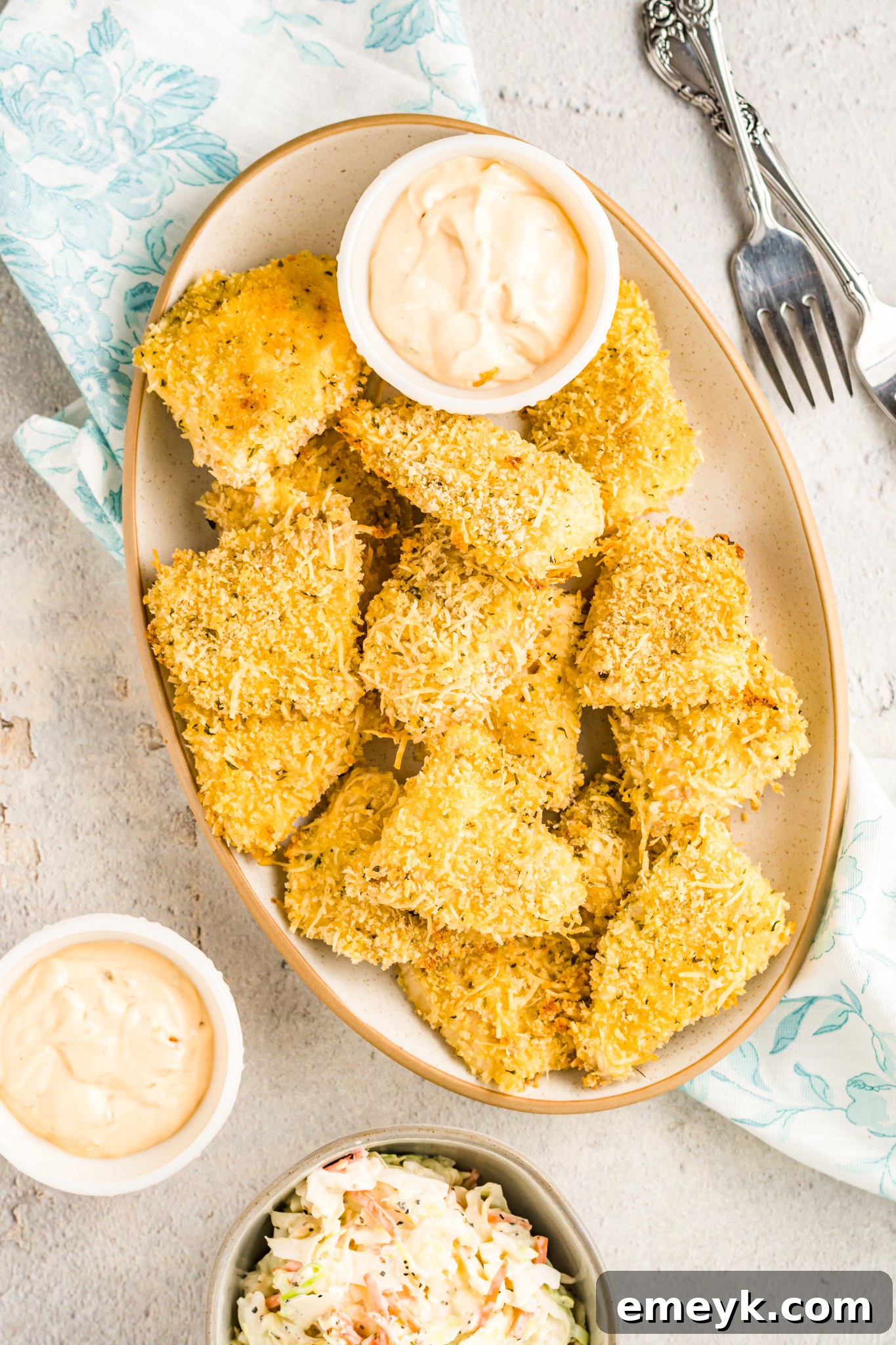 Baked Parmesan Fish Sticks served in a bowl with lemon wedges.