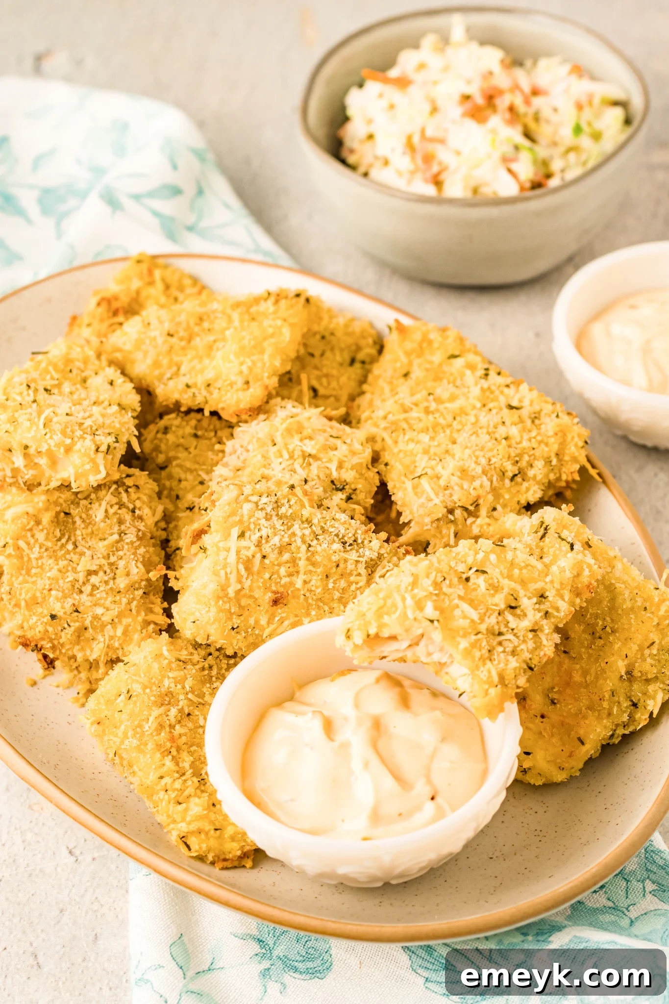Baked Parmesan Fish Sticks with homemade dipping sauce and lemon.