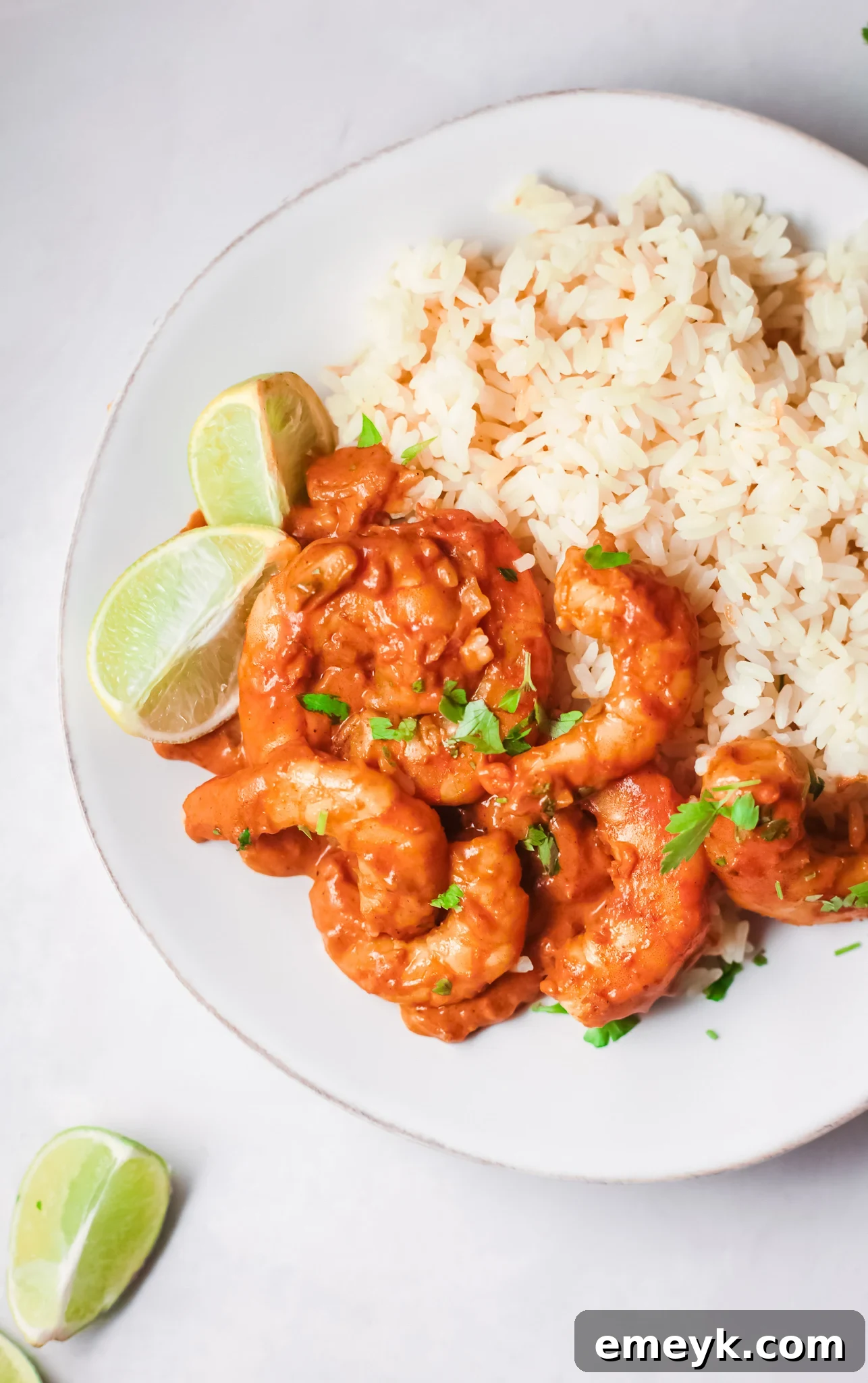Weeknight Shrimp Curry 2 Easy Shrimp Curry with fresh lime wedges and cilantro garnish.