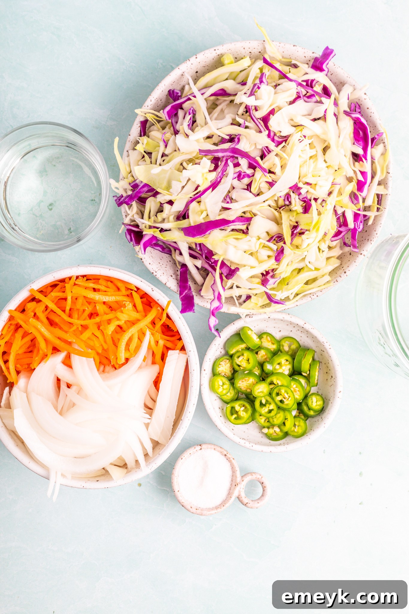 Fresh and vibrant ingredients for Easy Curtido Recipe, including cabbage, carrots, onion, and chili peppers, neatly arranged on a cutting board.