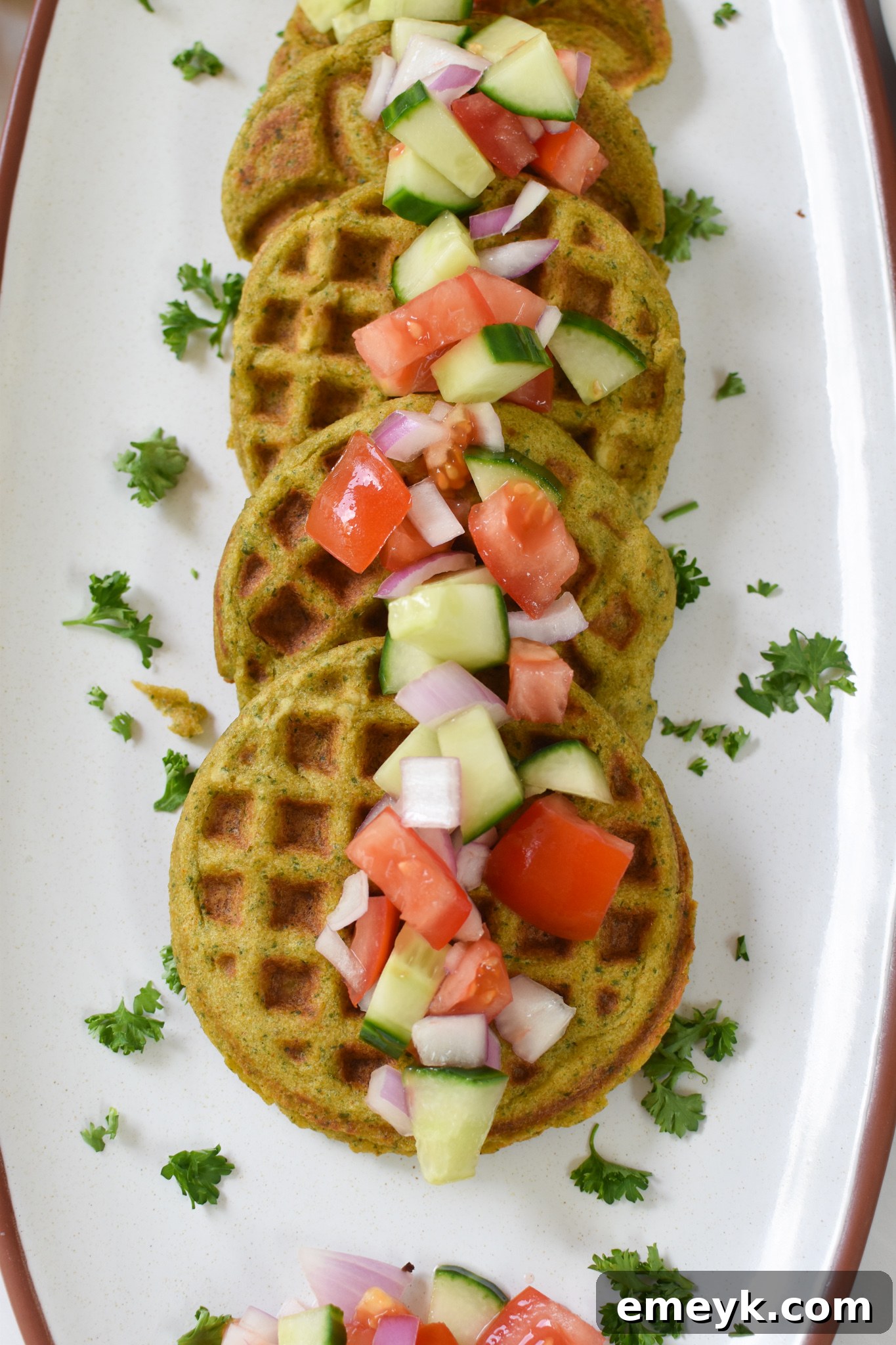 Golden Falafel Grids 4 A beautifully arranged platter of golden Falafel Waffles, ready to be served as a delightful Mediterranean meal.