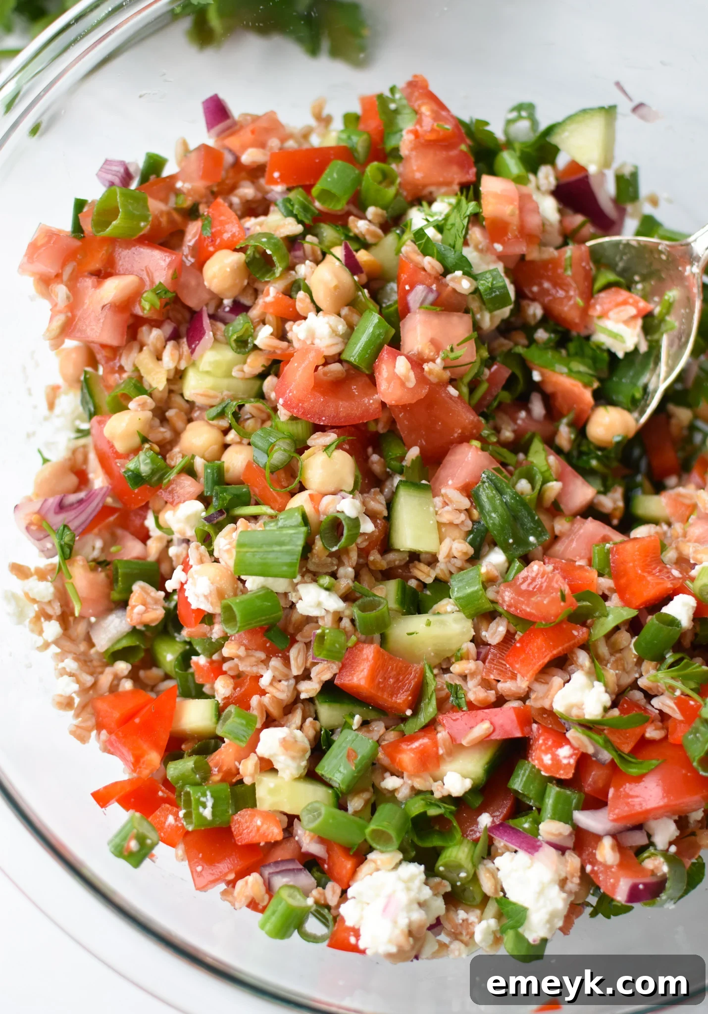 A beautifully presented Mediterranean Farro Salad in a clear glass bowl, showcasing fresh ingredients.
