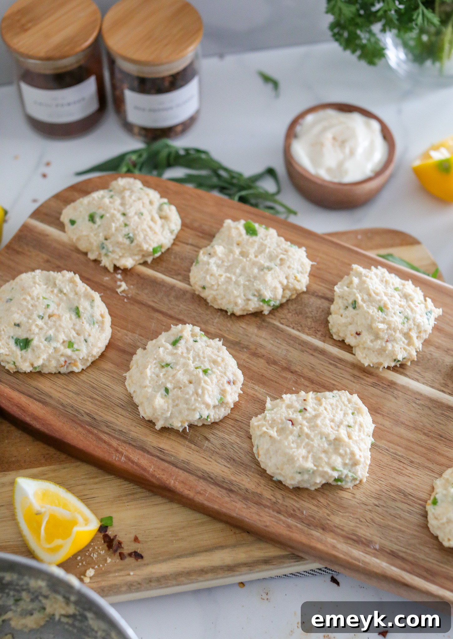 Several easy crab cakes formed into patties and arranged on a cutting board, ready for cooking.