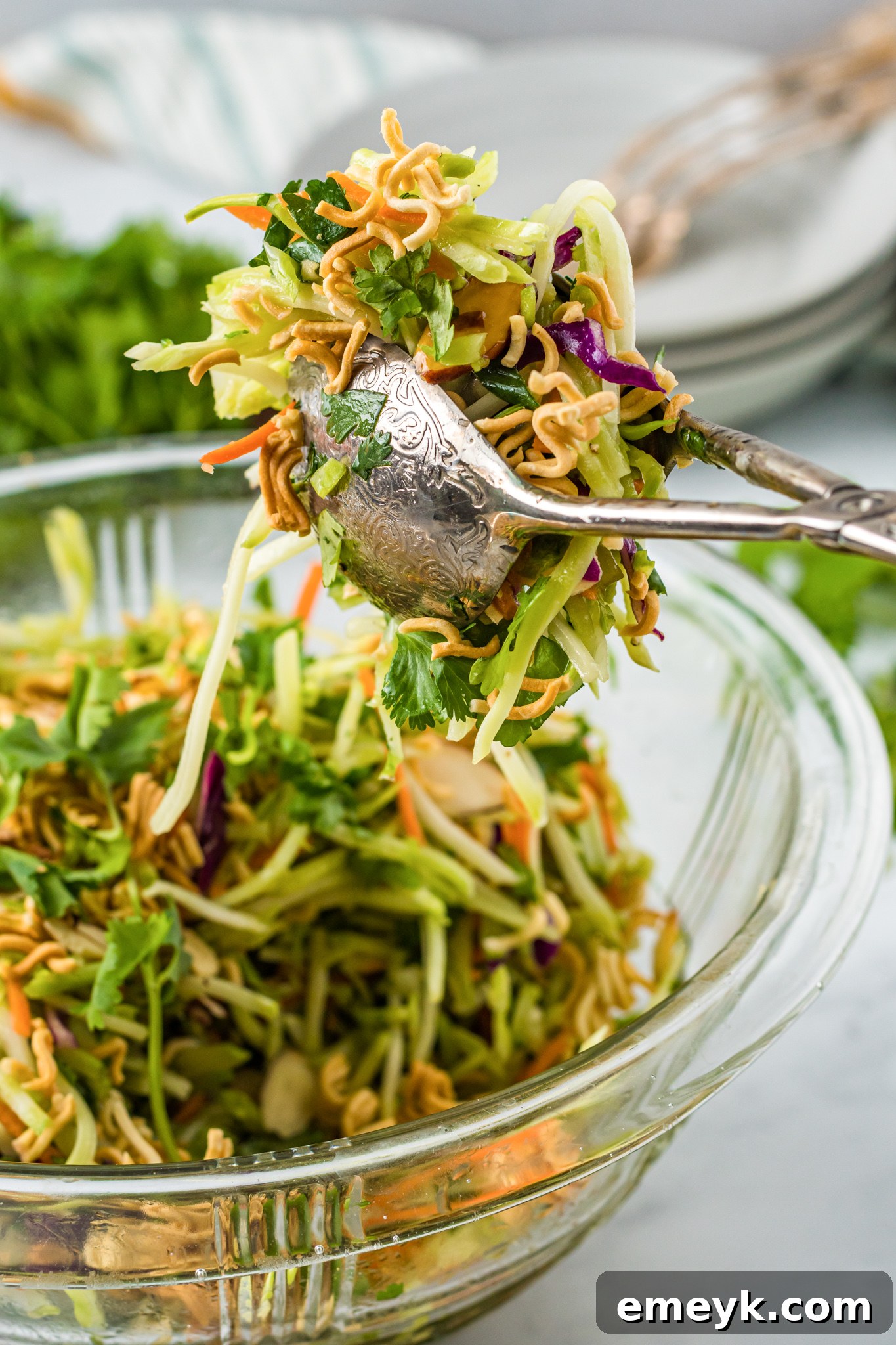 Broccoli Slaw Recipe with tongs.