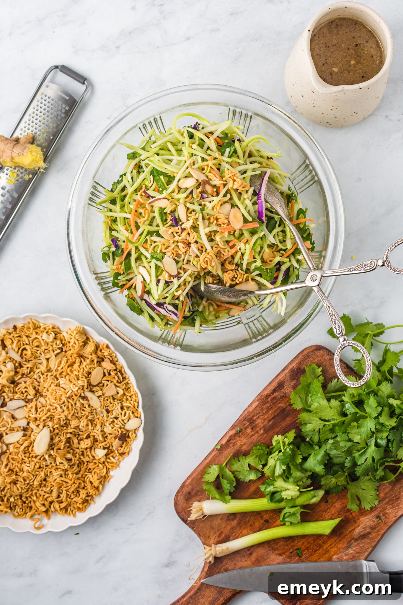 Broccoli Slaw Recipe ingredients being prepared.