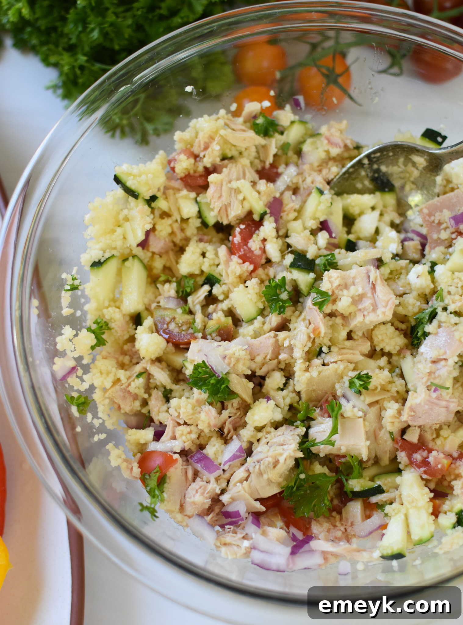 Mediterranean Tuna Couscous Stuffed Peppers tuna stuffing mixed in a bowl.