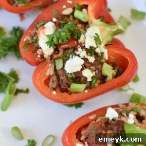 Mediterranean Stuffed Peppers with ground beef, a close-up.