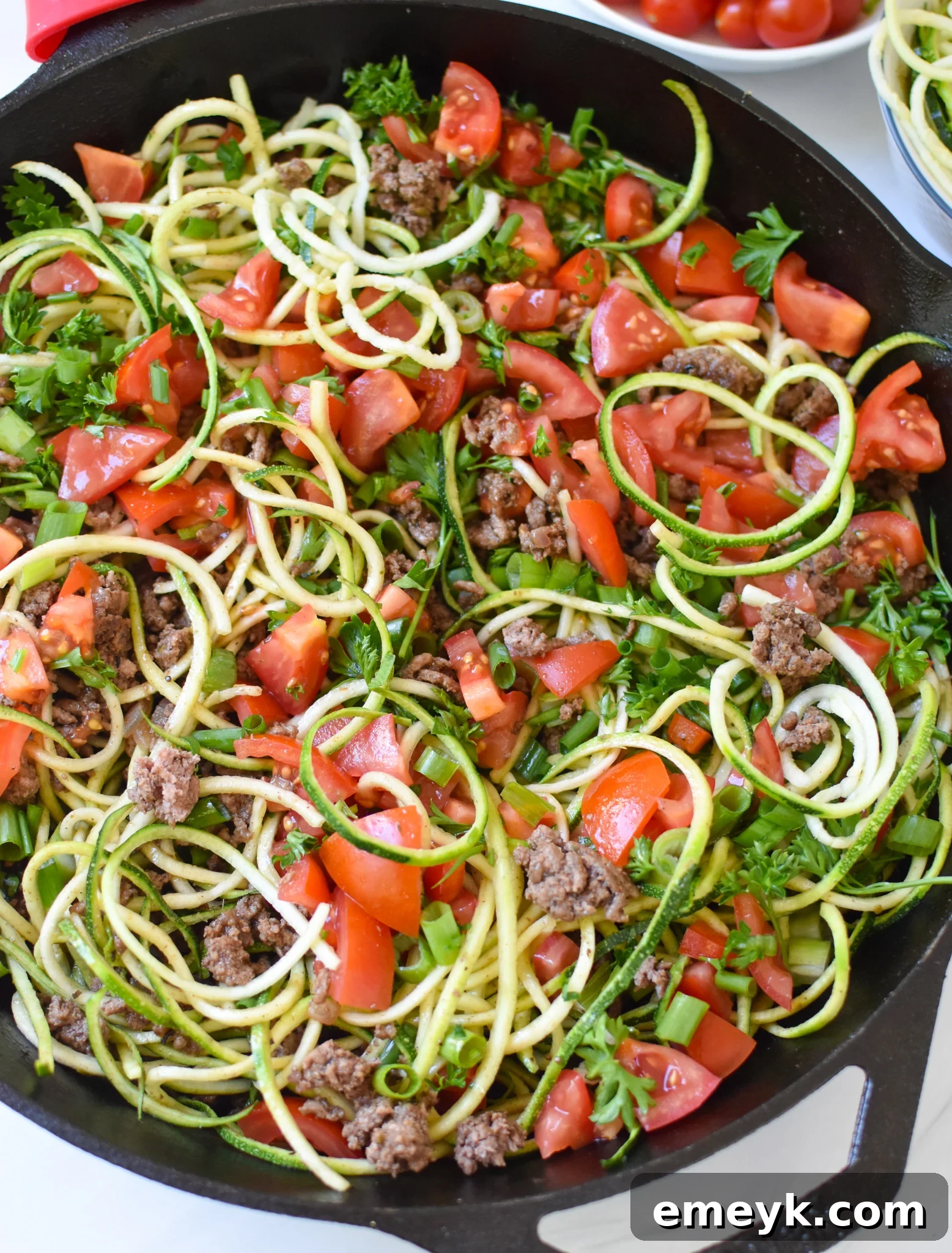 Close-up of Ground Beef Zucchini Skillet with fresh zucchini noodles, highlighting the healthy and flavorful ingredients.