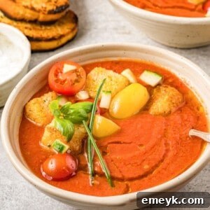 Easy Gazpacho Recipe in a bowl, a refreshing cold soup.