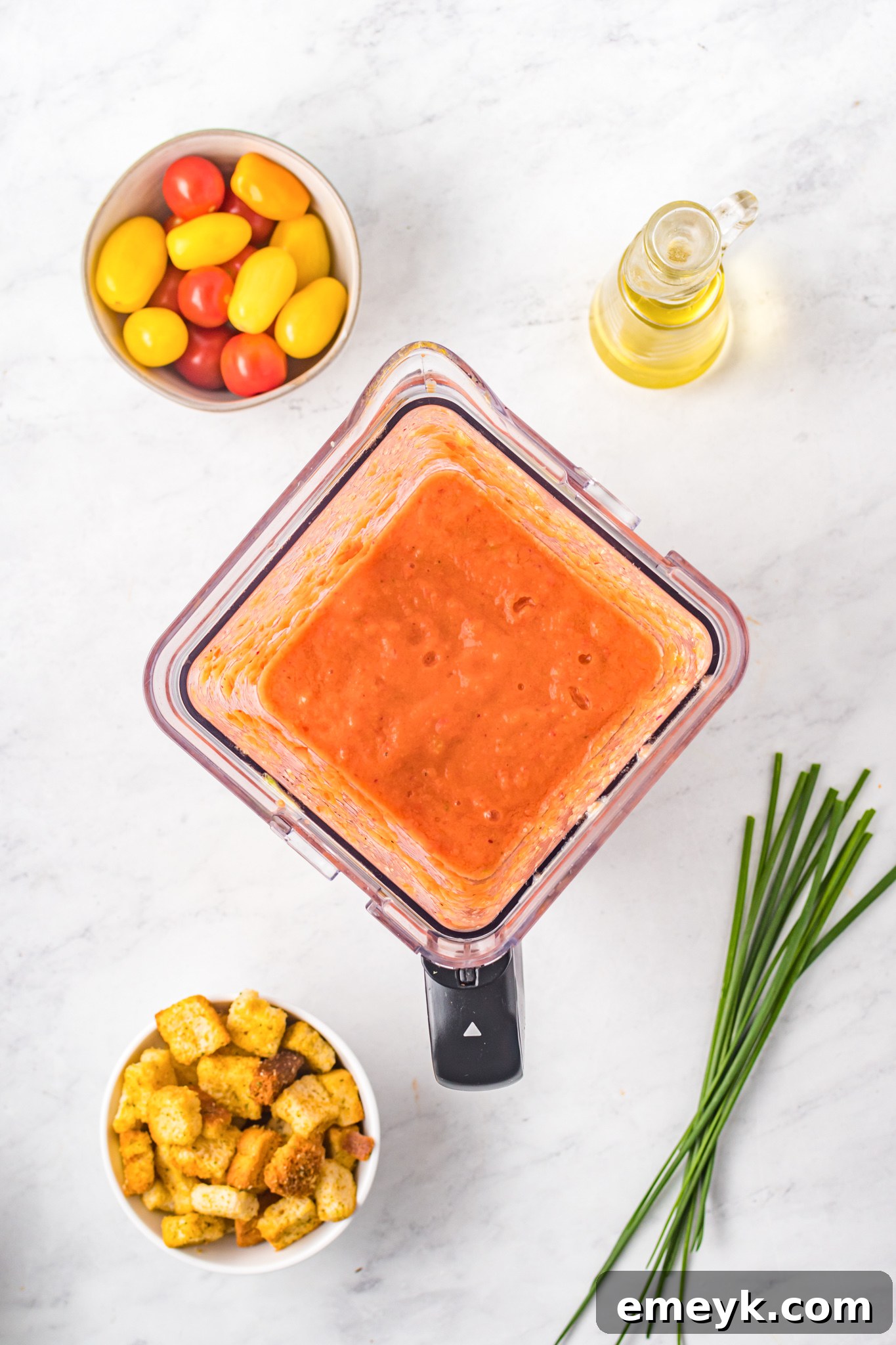 Easy Gazpacho Recipe blended in a blender, showing the smooth, finished mixture.