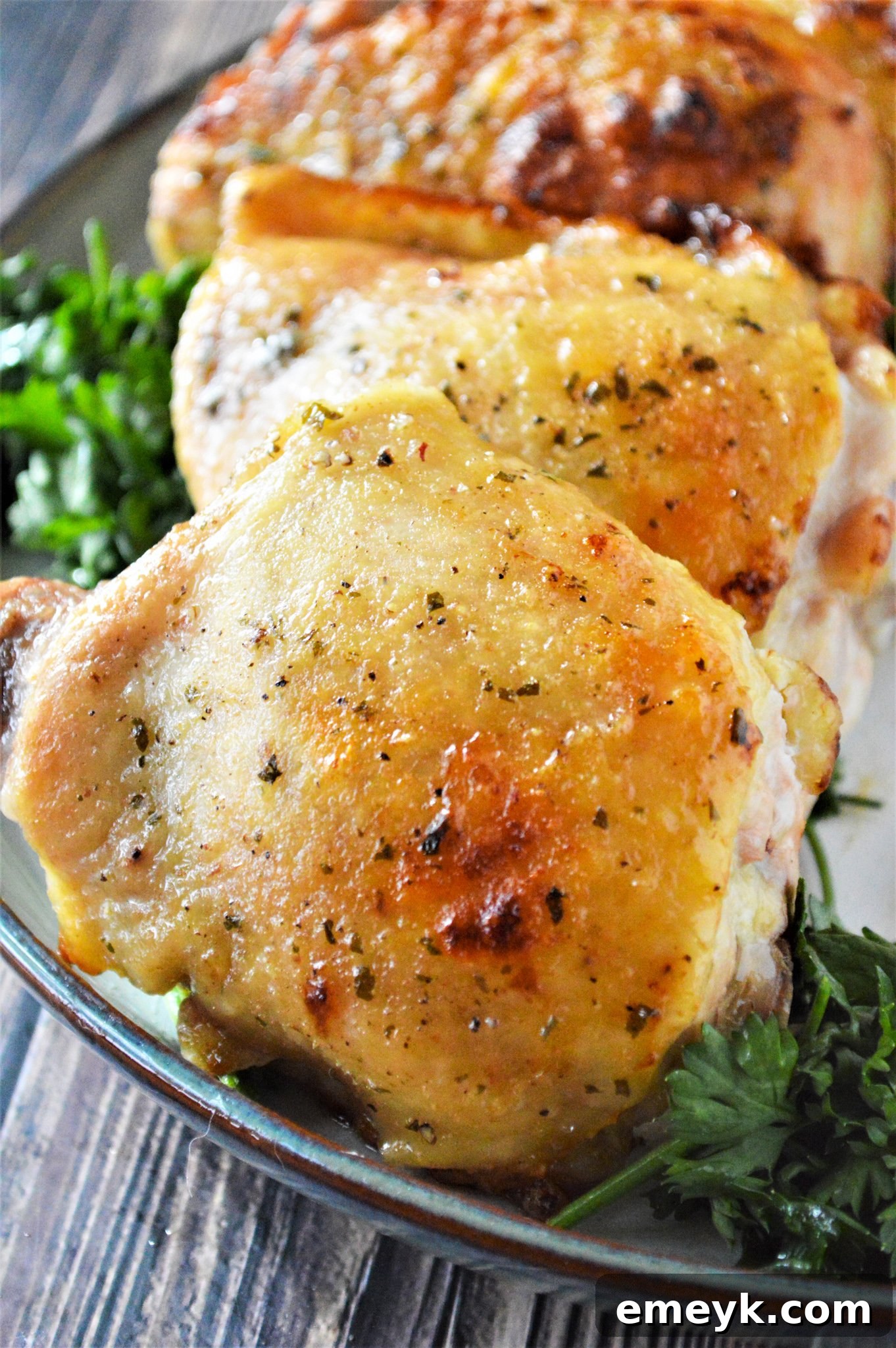 Creamy Ranch Chicken Thighs 3 Oven Baked Ranch Chicken Thighs with ranch seasoning, ready for the oven.