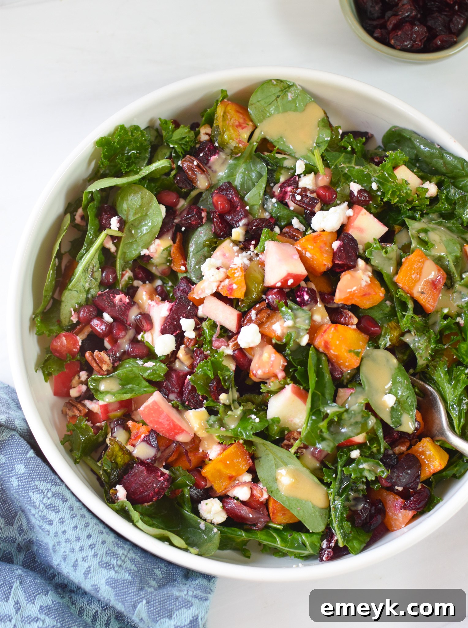 Fall Harvest Salad in a white bowl, garnished and ready to be served, with a blue napkin beside it.