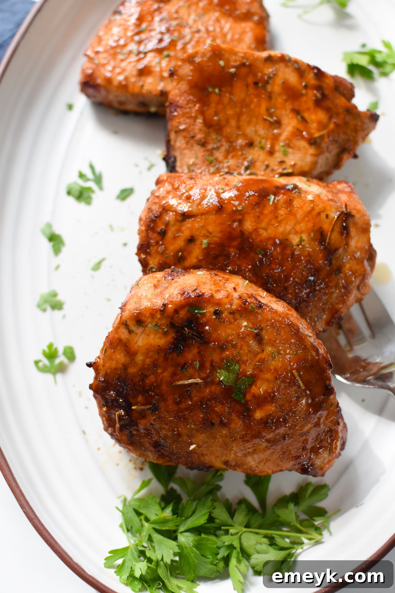 Plated Air Fryer Boneless Pork Chops with BBQ sauce.