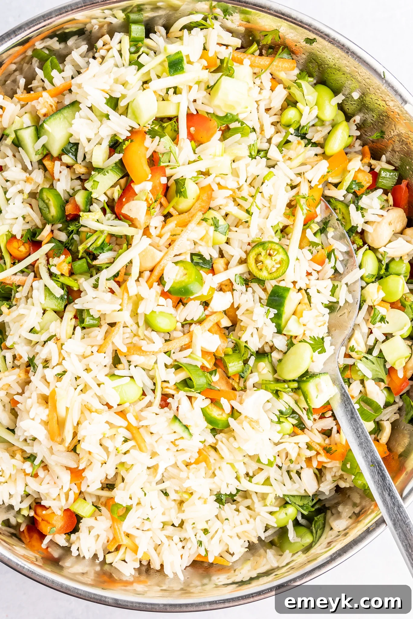 Coconut Rice Salad in a bowl with a spoon, highlighting its vibrant colors and textures.