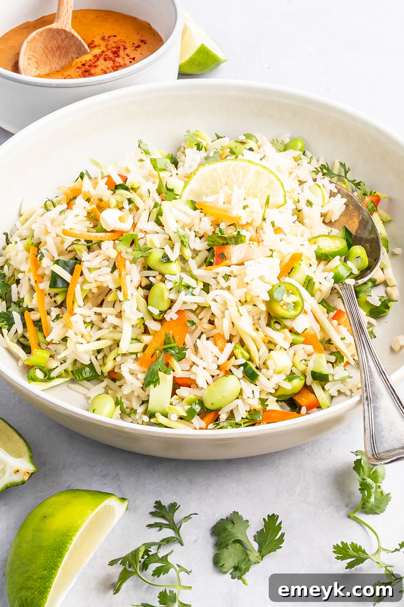 Coconut Rice Salad in a bowl with a silver spoon, ready to be served.